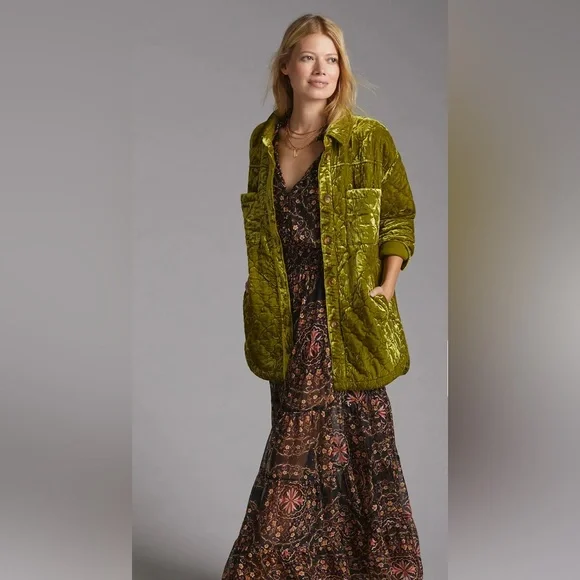 Anthropologie Quilted Velvet Shirt Jacket Size S Green Chartreuse - Picture 2 of 6